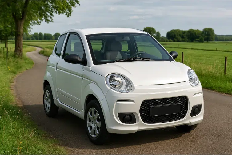 Brommobiel op een weg langs het platteland.